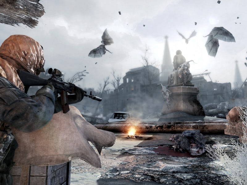 A lone figure in tattered clothing aims a rifle in a desolate, war-torn landscape. Ruined buildings ...