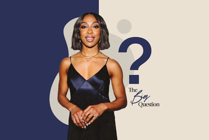 A photo of Ego Nwodim juxtaposed with the graphic for Bustle's 'The Big Question' franchise.