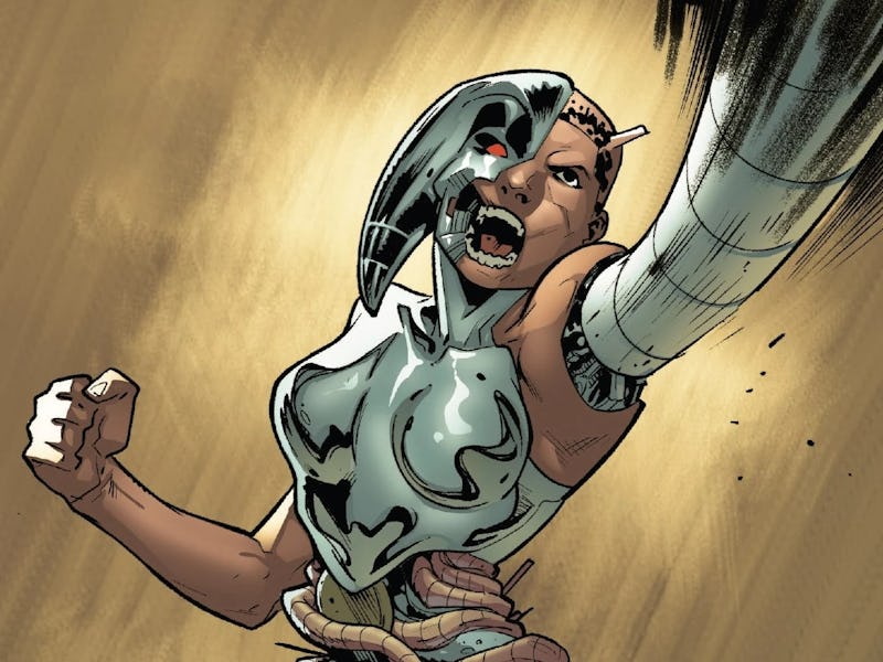 A fierce, partially robotic woman with an expressive face and an outstretched arm. Her metallic tors...