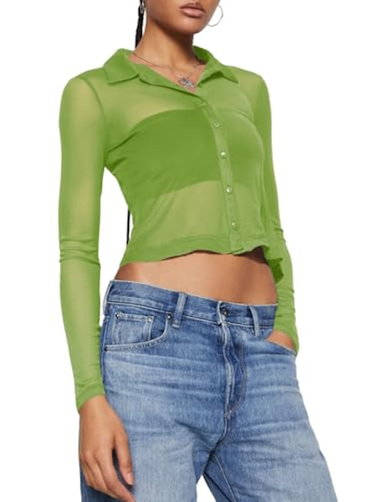 ZANZEA Mesh Button-Up Blouse