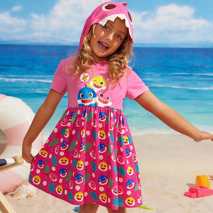 Pink Baby Shark Print Hooded Short Sleeve Dress