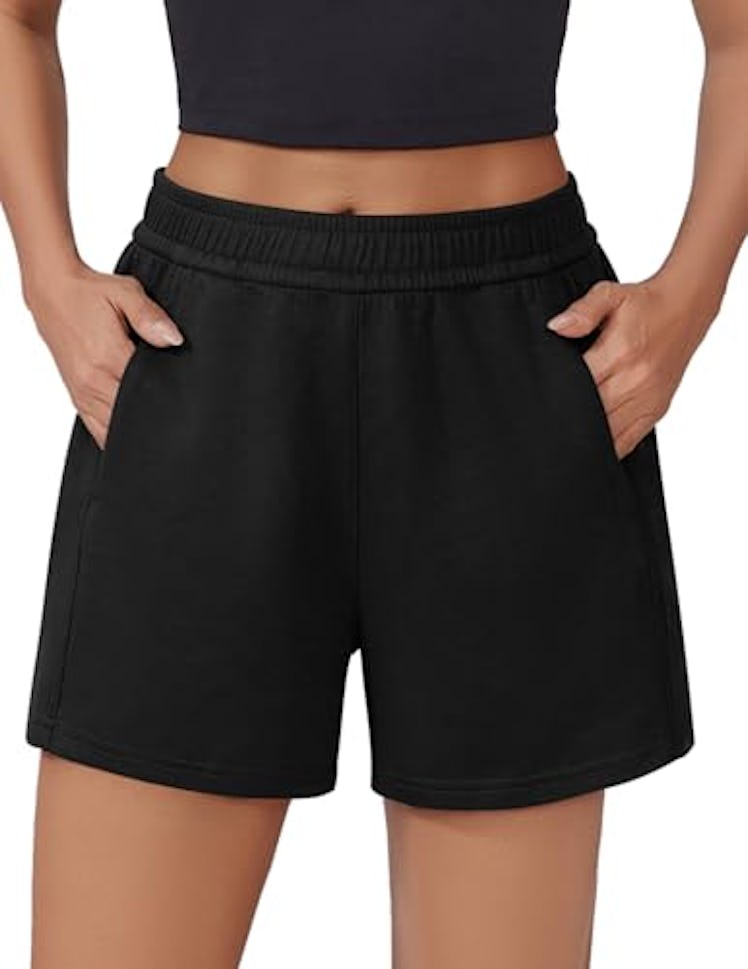 PINSPARK Black Sweat Shorts Women High Waist Drawstring Casual Shorts Summer Soft Lounge Shorts with...