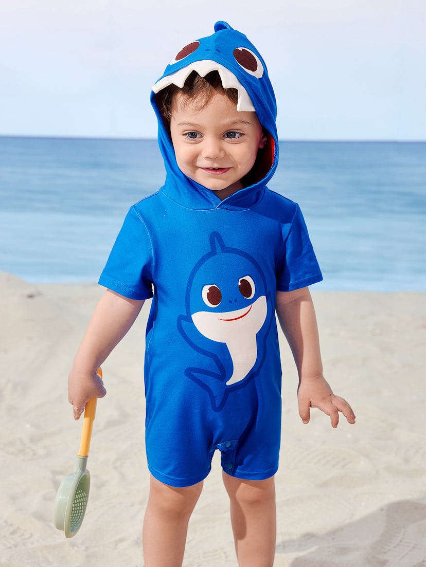 Hooded Blue Baby Shark Short Sleeve Romper