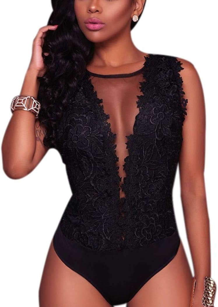 RARITYUS Lace Mesh Sleeveless Bodysuit