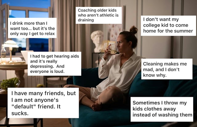 A woman sits on a couch, sipping a drink. Surrounding her are quotes expressing feelings about paren...