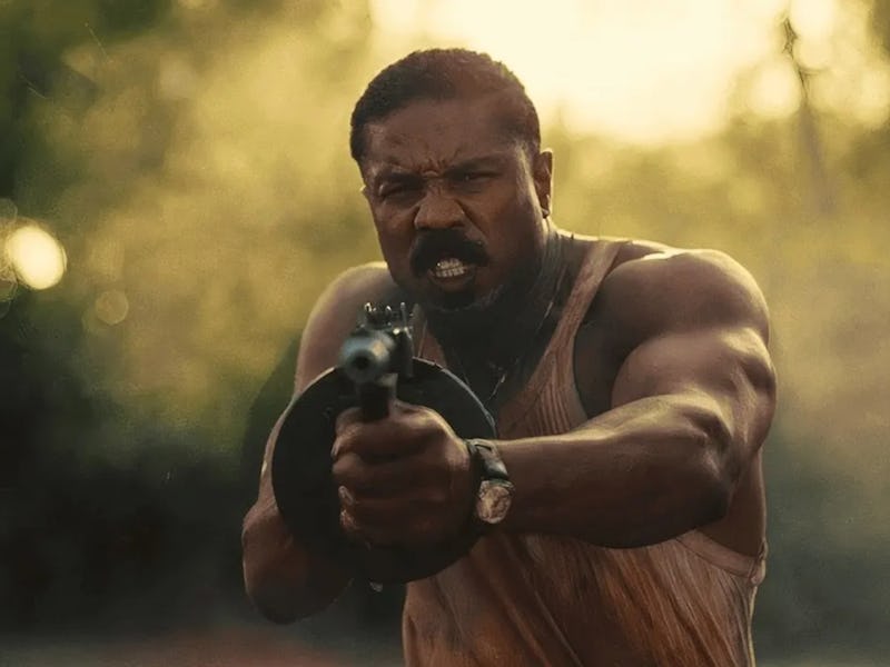 A muscular man in a sleeveless shirt aims a firearm with a determined expression, surrounded by a ha...