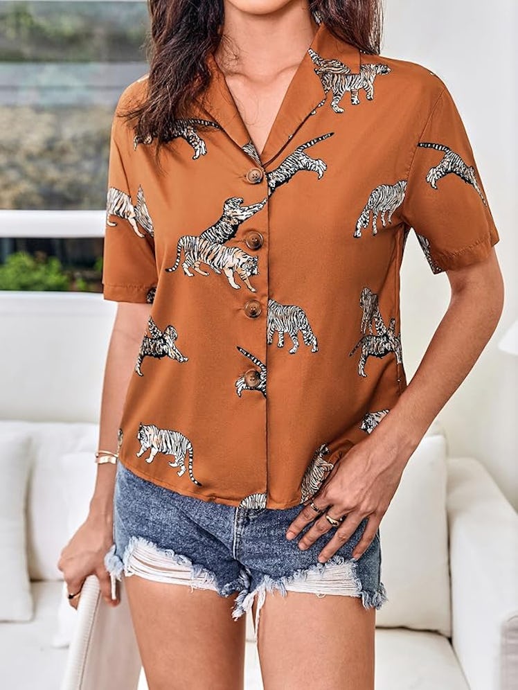 SweatyRocks Satin Print Button Down Shirt