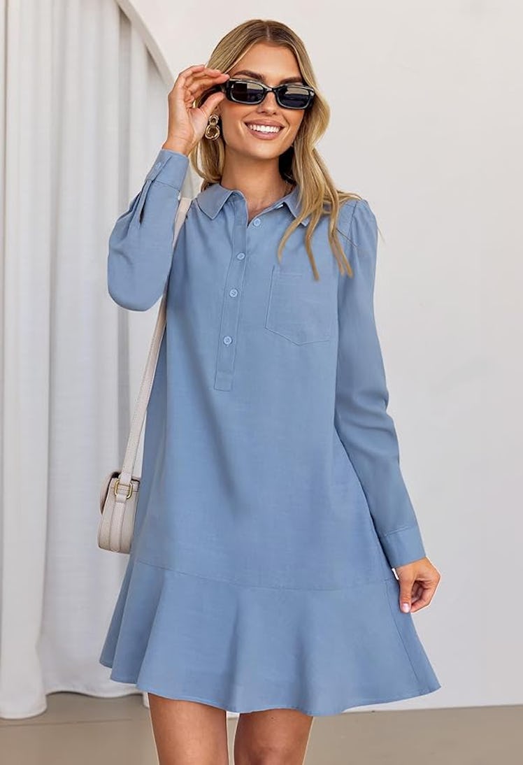 MEROKEETY Ruffle Shirt Dress