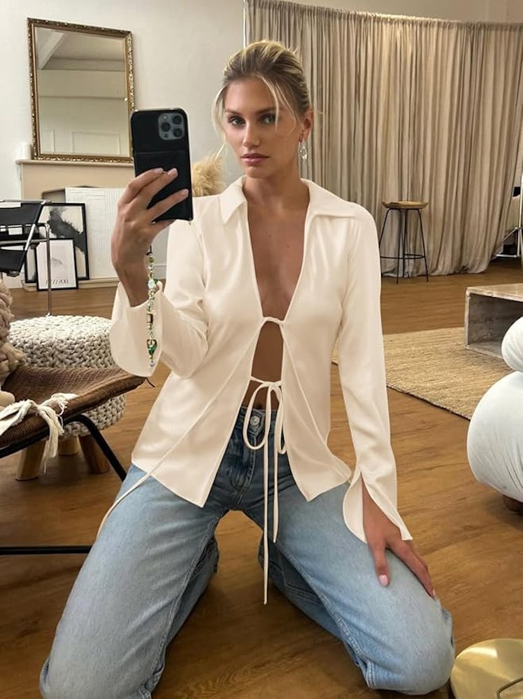 Cicy Bell Satin Tie-Front Top