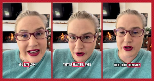 A woman with glasses and a bright lip color speaks directly to the camera, animatedly sharing though...