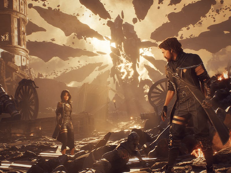 A dramatic scene in a devastated battlefield, featuring two figures, one clad in dark attire, amidst...