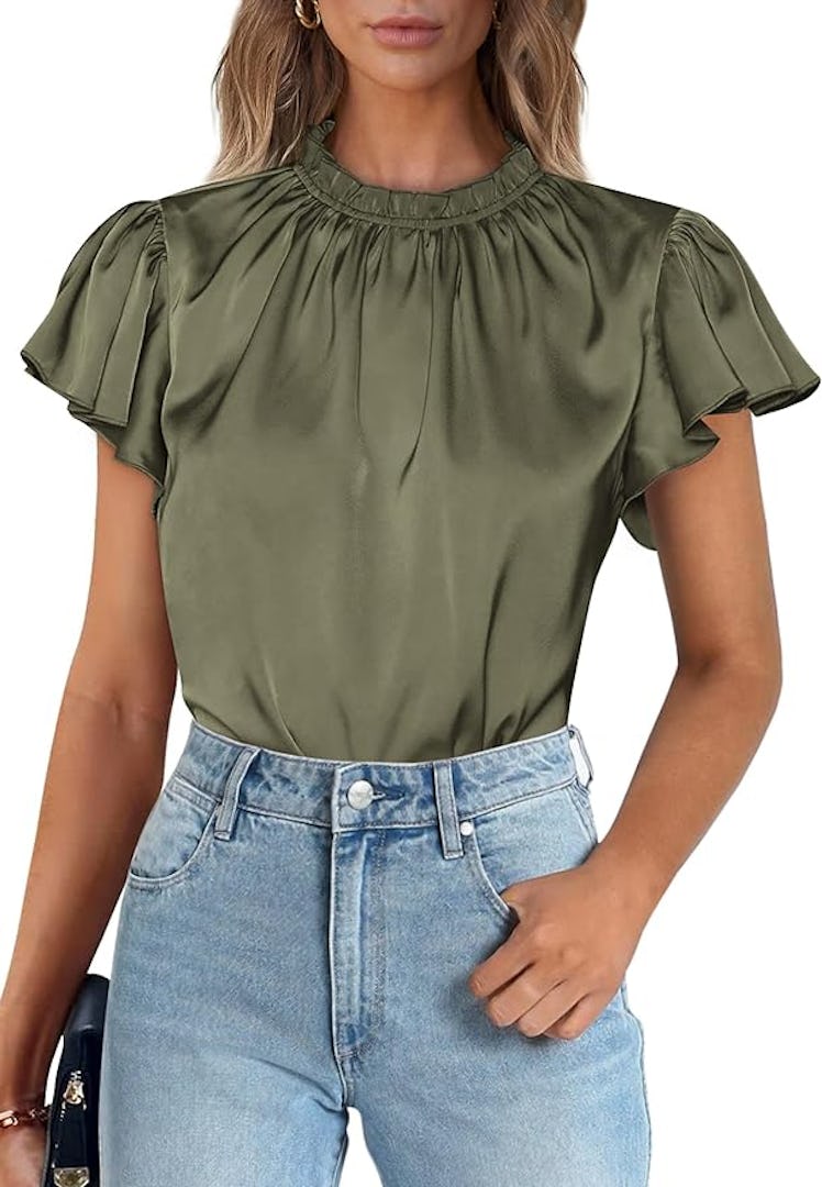 PRETTYGARDEN Ruffle Satin Blouse
