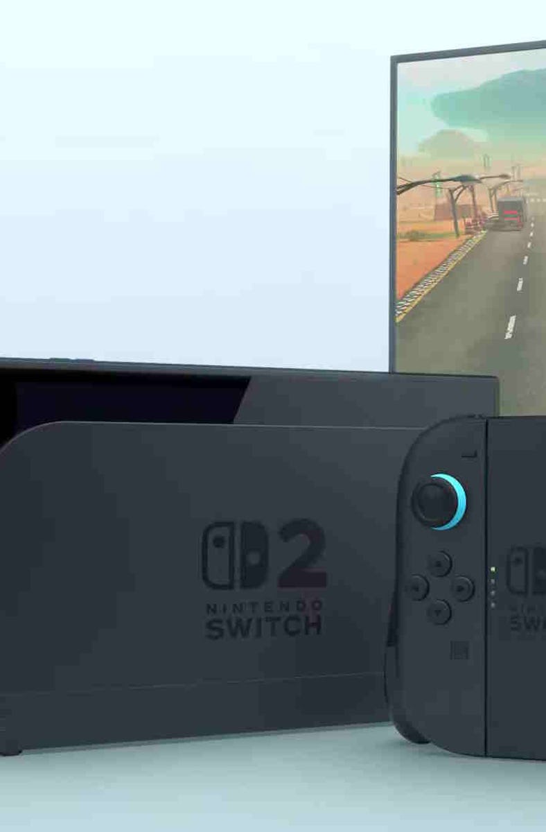 A Nintendo Switch console is displayed in front of a TV showing a vibrant racing game scene with col...