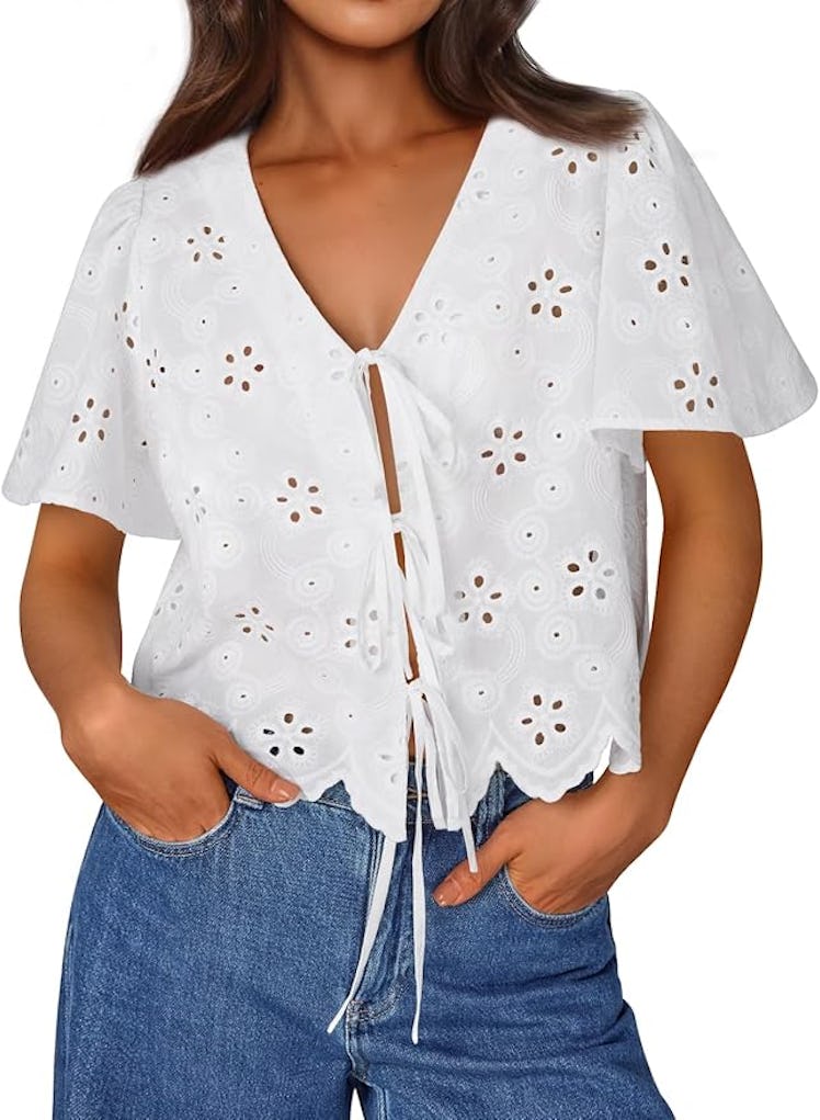 Trendy Queen Eyelet Tie-Front Top
