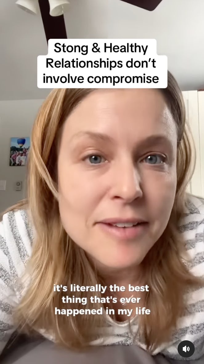 A woman with light brown hair speaks directly to the camera, sharing insights on strong relationships, emphasizing that they don't require compromise.