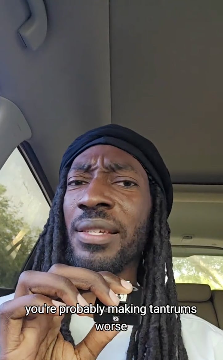 A person with long dark hair and a headwrap is speaking seriously in a car. Text overlay suggests they are discussing tantrums and parenting.