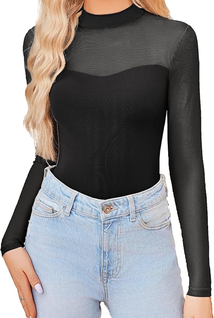 Avidlove Mesh Mock Neck Long Sleeve