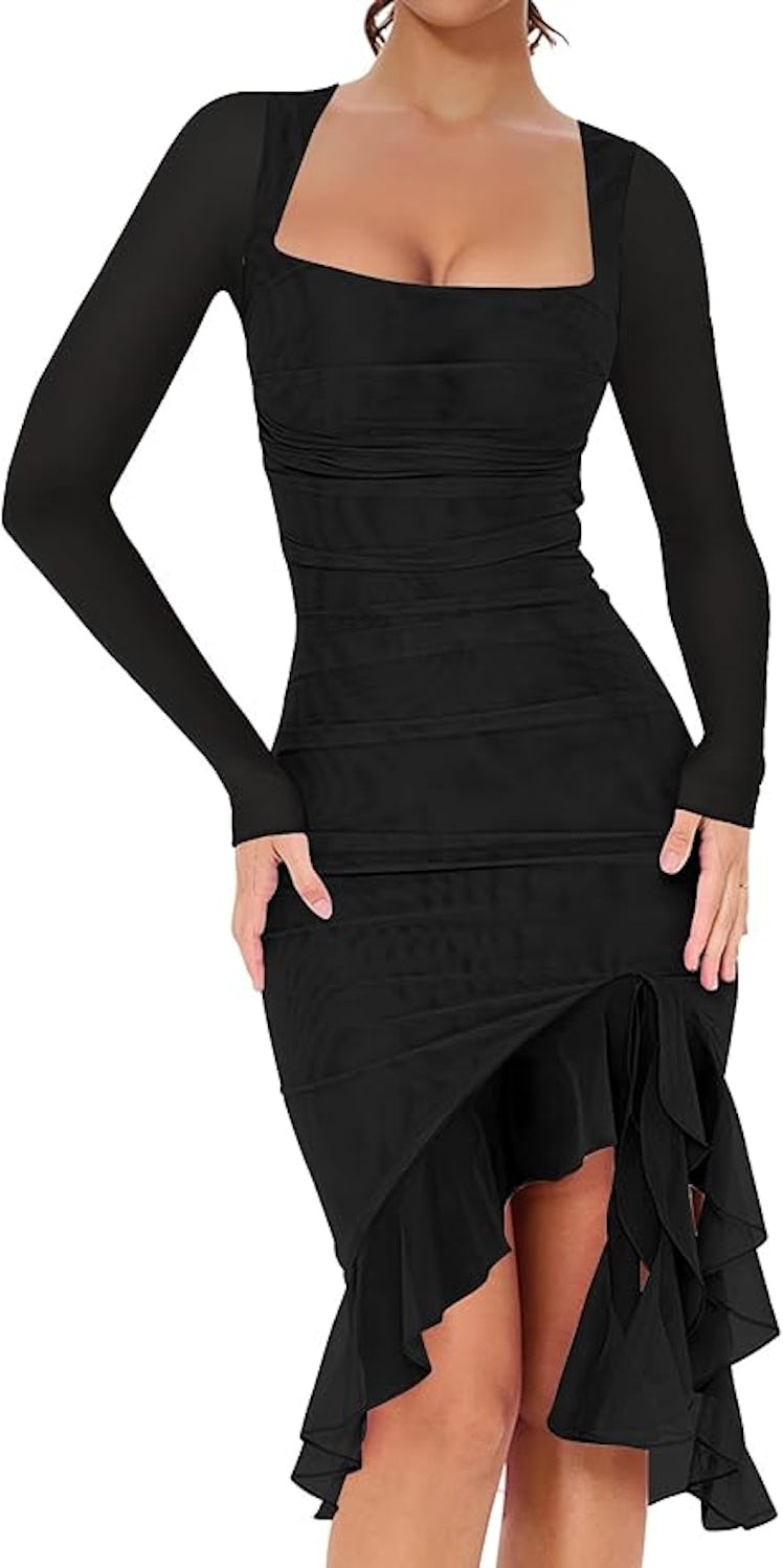 BORIFLORS Ruched Long Sleeve Midi Dress