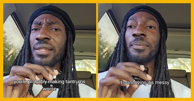 A man with long dreadlocks sits in a car, offering guidance about tantrums. Text overlays emphasize ...