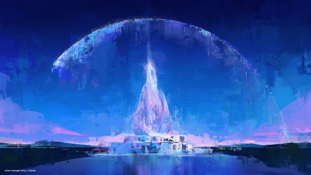 A futuristic cityscape with a tall, shimmering structure resembling a crystal tower, set against a v...