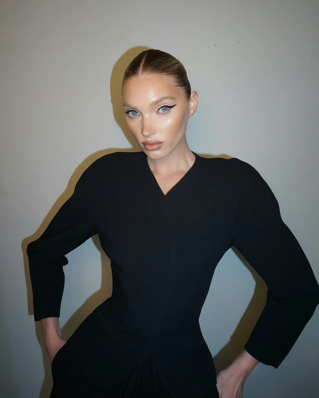 Elsa Hosk wears an all-black outfit. 