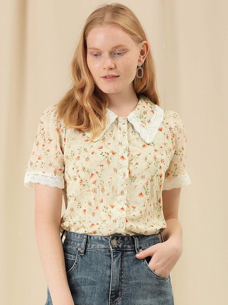 Allegra K Peter Pan Collar Shirt 