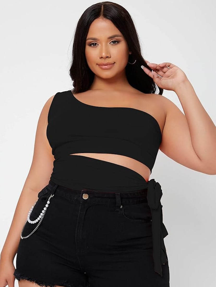 WDIRARA One Shoulder Cut Out Tie Side Sleeveless Crop Top