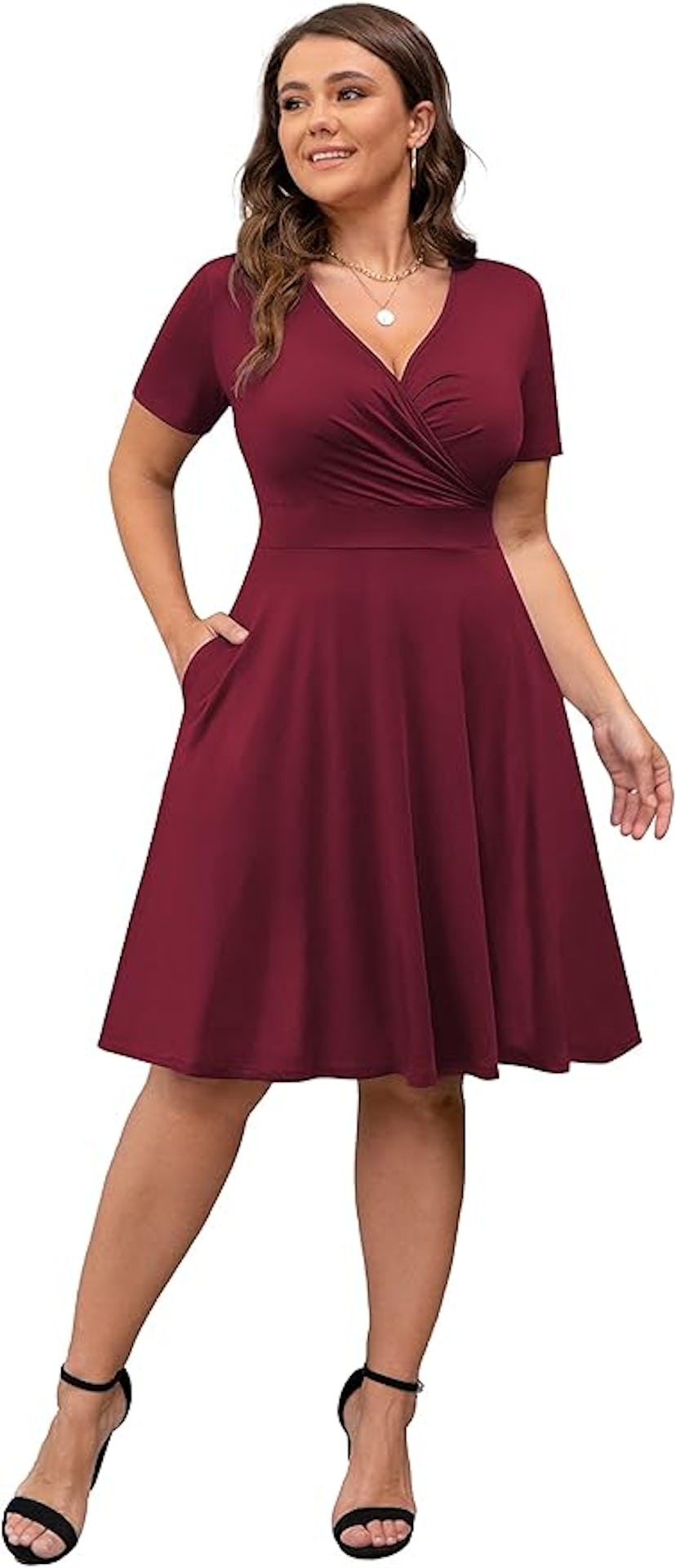 POSESHE Short Sleeve Wrap V-Neck Dress