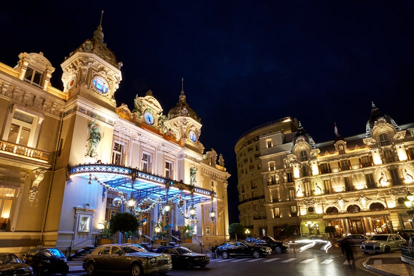 Facade of 'Monte Carlo casino' gambling and entertainment complex illumimated at night opened in 186...