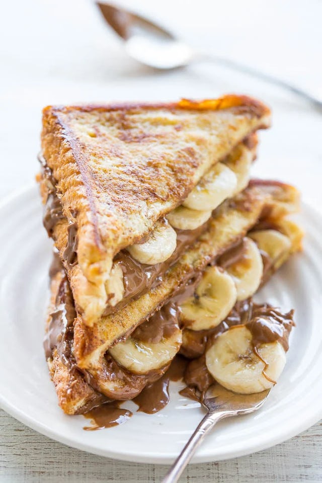 Banana and chocolate peanut butter stuffed French toast, in a story about recipes to use up bananas