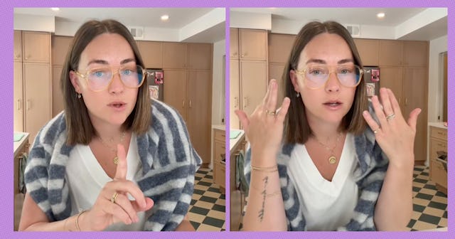 A woman with brown hair and glasses gestures while speaking about how to parent toddlers.