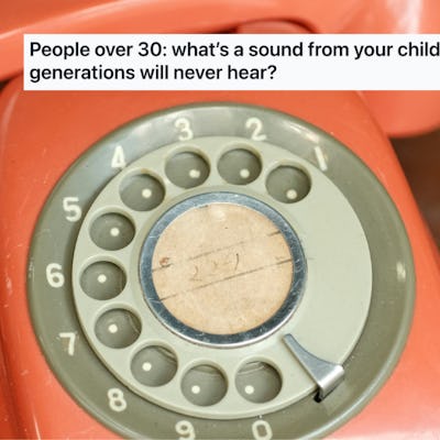 A vintage rotary phone in bright orange, centered in the image, with a text overlay asking about childhood sounds younger generations won't experience.
