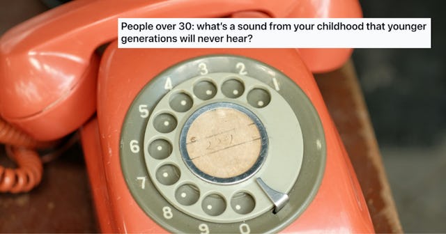 A vintage rotary phone in bright orange, centered in the image, with a text overlay asking about chi...