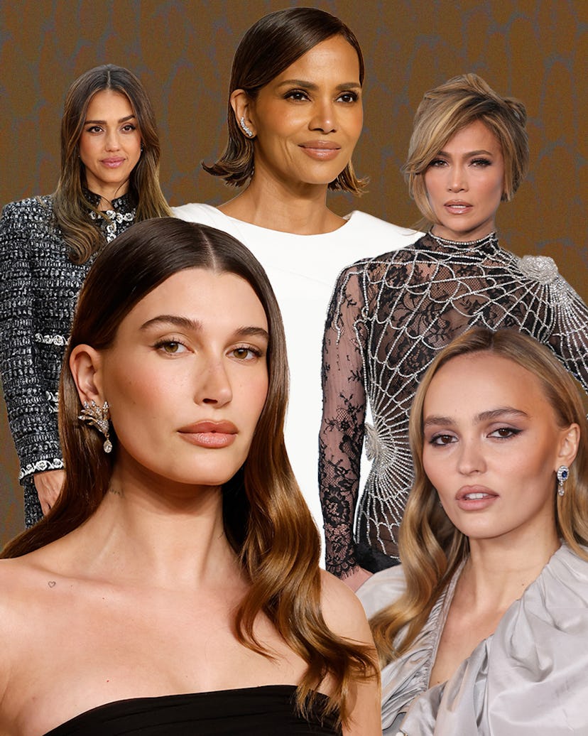 jessica alba, halle berry, j lo, hailey bieber, and lily rose depp in a composite image of celebrity...