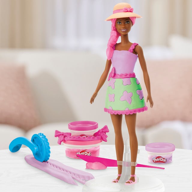 Play-Doh Barbie Garden Party in an outfit made of Play-Doh.