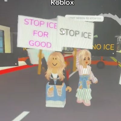 Two characters in Roblox hold protest signs saying "STOP ICE FOR GOOD" and "STOP ICE." The scene captures a digital protest, with a playful, animated background.