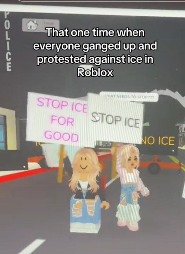 Two characters in Roblox hold protest signs saying "STOP ICE FOR GOOD" and "STOP ICE." The scene cap...