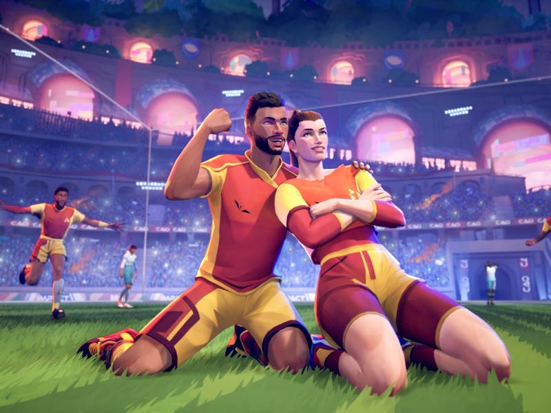 Players celebrate a goal.