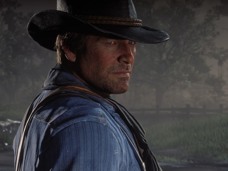 A rugged man in a wide-brimmed hat and blue shirt stands in a misty landscape, looking back with a s...