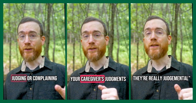 A man with a beard speaks in a forest setting, with three panels displaying text: "Judging or compla...