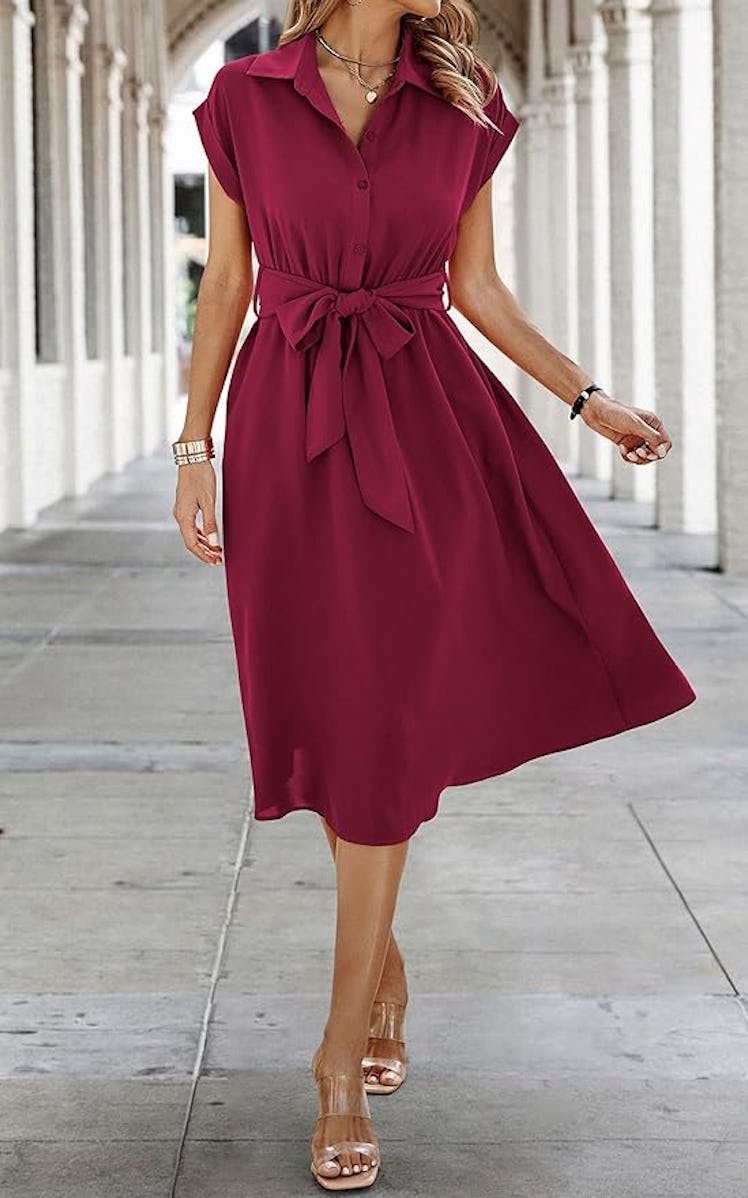 ECOWISH Button-Down Belted Midi Dress