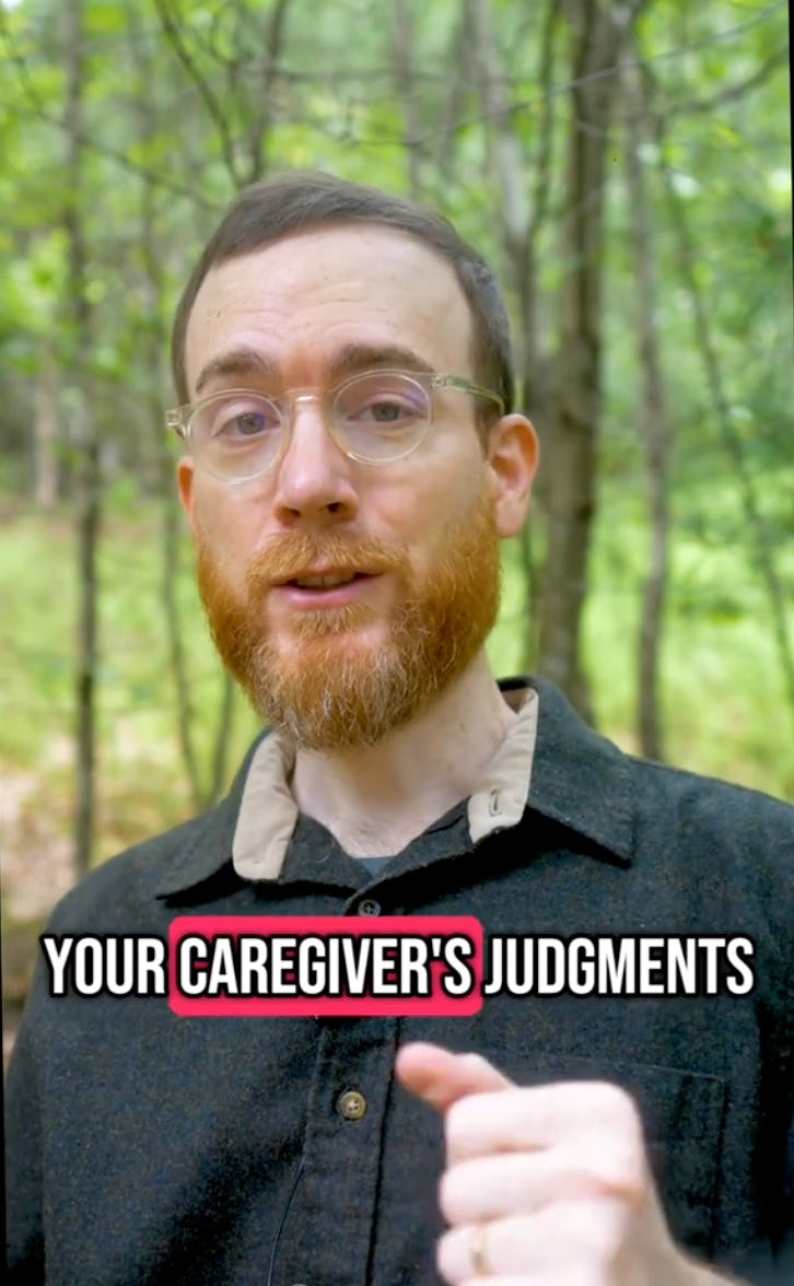 A man with glasses and a beard speaks in a wooded area, with text overlay reading "YOUR CAREGIVER'S JUDGMENTS." Green foliage surrounds him.