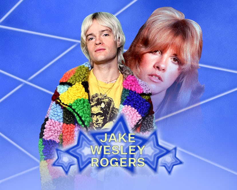 A photo of Jake Wesley Rogers and a photo of Stevie Nicks against a Y2K-style graphic backdrop.