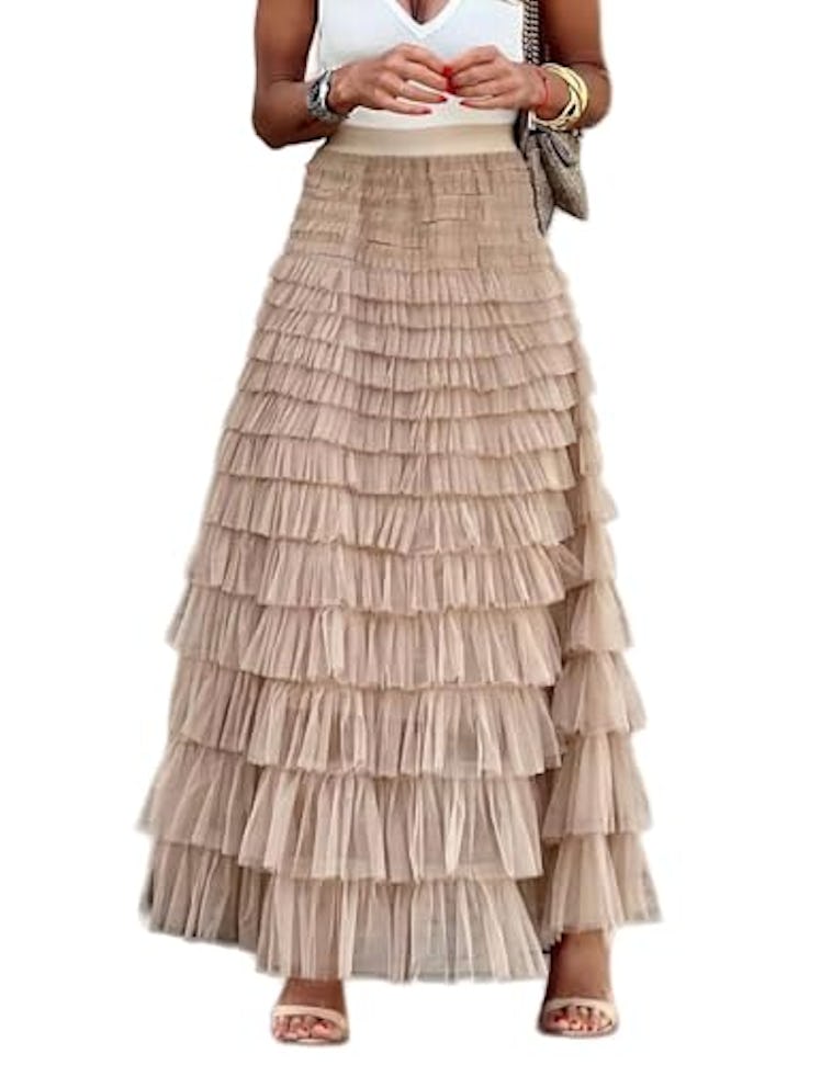 Flygo Women's Long Maxi Tulle Skirts A Line Ruffle High Waisted Tiered Layered Mesh Tutu Skirt Petti...