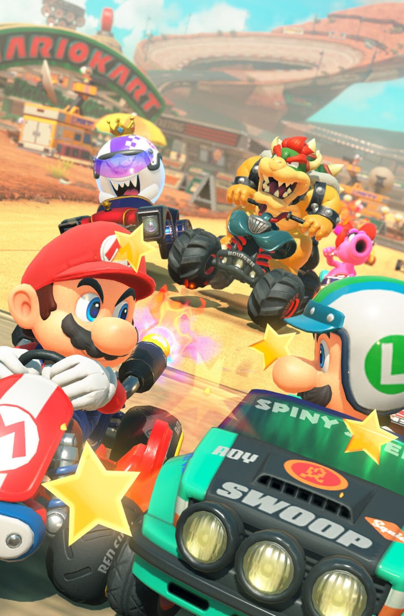 Mario and Luigi drive side by side with a dozen characters behind them.