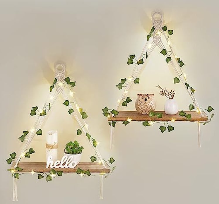Mkono Artificial Ivy Macrame Hanging Shelves with Lights (2-Pack)