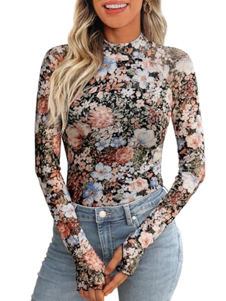 Dealmore Floral Mesh Mockneck Top