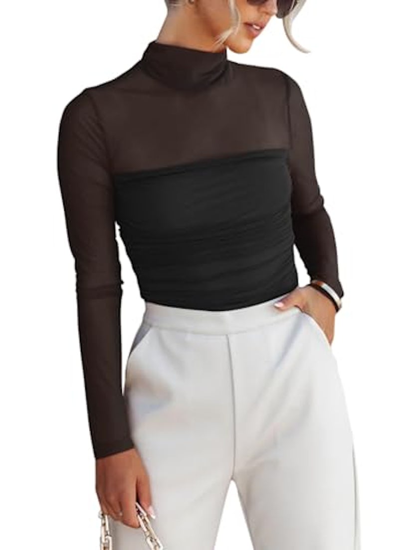 REORIA Mesh Mock-Neck Long-Sleeve Bodysuit
