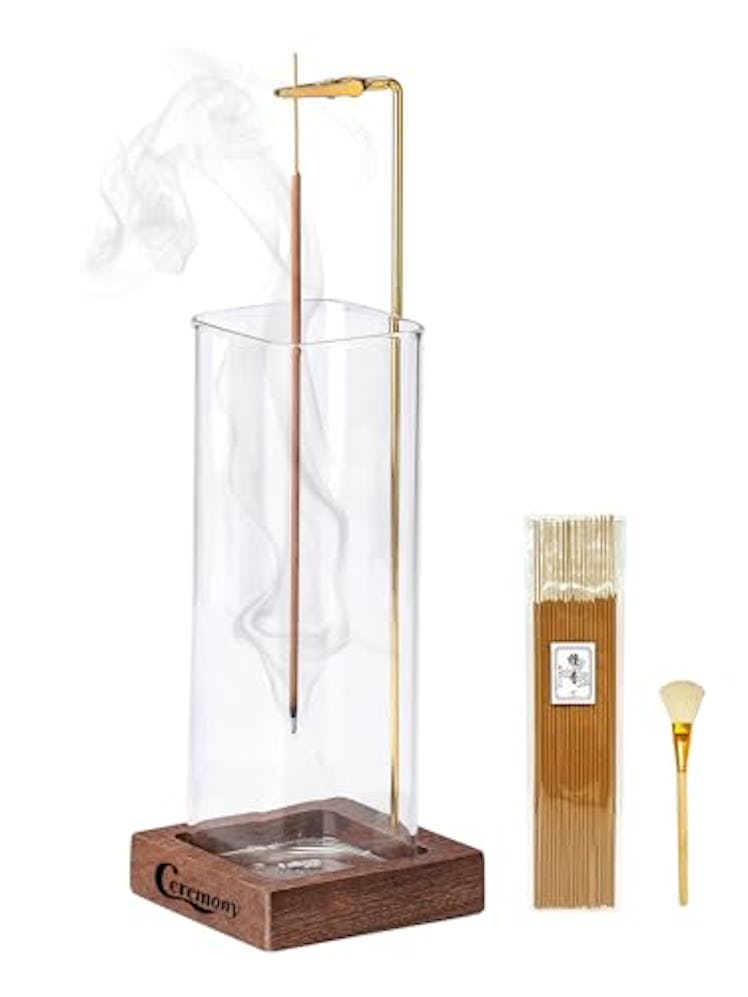 Ceremony Incense Holder, Wooden Incense Holder for Sticks with Glass Ash Catcher, Anti-ash Incense B...