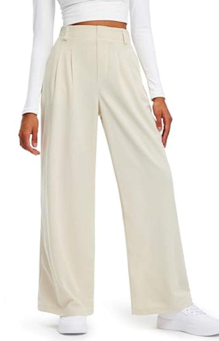 Libin Women's Wide Leg Pants 29" High Waisted Waffle Knit Casual Slacks Work Dress Pants Business Pa...